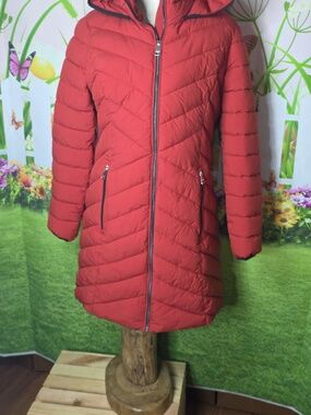 DKNY Women's Hooded Puffer Coat - Rust Terricotta Size Medium